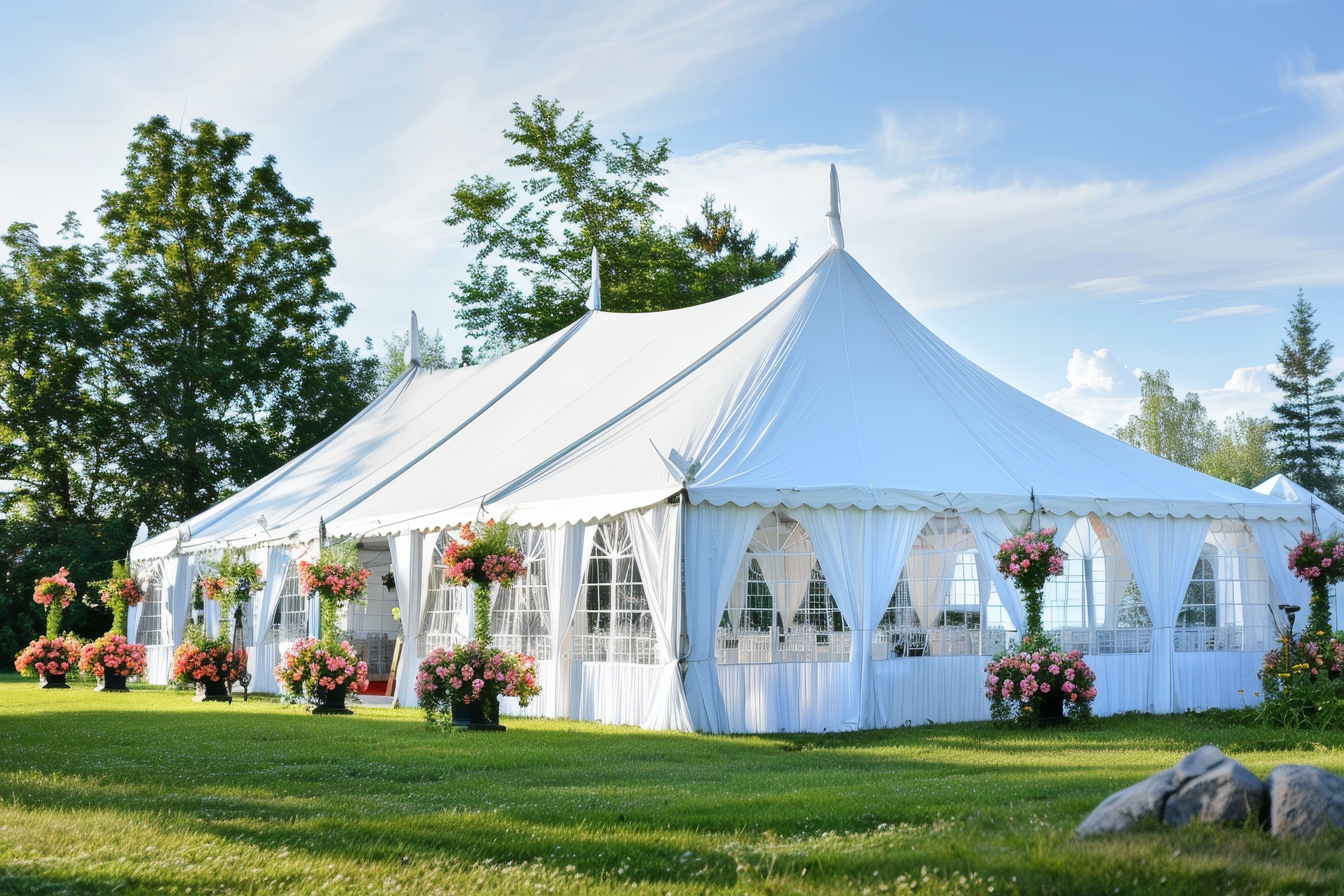 White event tent set up on a green lawn